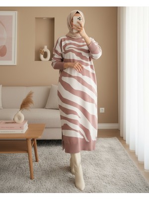 Modamorfo Yırtmaçlı Desenli Triko Elbise  -G.kurusu