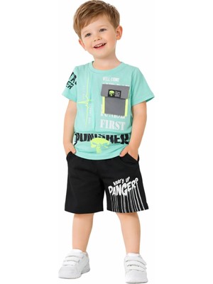 Cıvıltı Erkek Çocuk Punisher Yazılı Resim Desenli Cepli  Açık Yeşil Renk Şortlu Takım