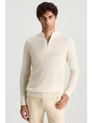 Hemington Saf Kaşmir Polo Yaka Fermuarlı Beyaz Triko