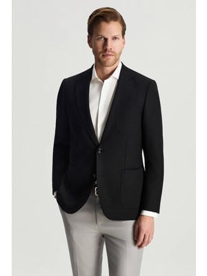 Hemington Merino Yün-Ipek-Keten Karışım Siyah Blazer Ceket