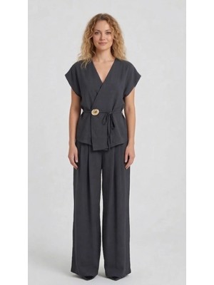 Cemo Kadın Kruvaze Yaka Kemer Detaylı Ikili Takım