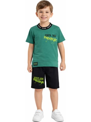 Barkod Kids Erkek Çocuk Paradise Yazı Desenli Tişört Şortlu Yeşil Renk Takım