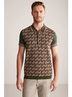Hemington Ipek Pamuk Karışım Desen Haki Triko Polo