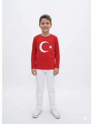 HaanBebe Çocuk Türk Bayraklı Kırmızı Uzun Kollu Tişört - %100 Pamuklu Ay Yıldız Baskılı