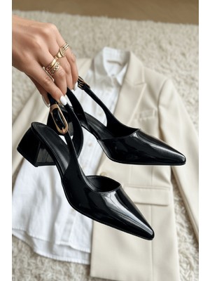 Divolya Aura Siyah Rugan (4 cm Topuk Boyu ) Sivri Burun Topuklu Babet Ayakkabı