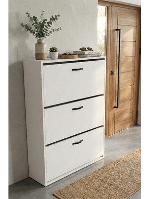 Gold Falez Ayakkabılık 3 Düşer Kapaklı 6 Bölmeli Modern Çok Amaçlı Ayakkabı Dolabı 193 Beyaz