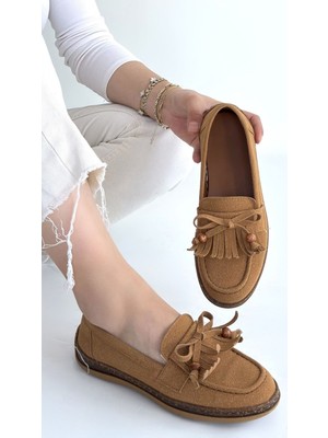 Bluefeet Taba Deri Tozu Süet Babet Ayakkabı