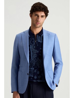Hemington Yün-Ipek-Keten Karışım Açık Mavi Blazer Ceket