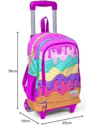 Işıklı Tekerlekli Dondurma Çekçek Okul ve Seyahat Çantası Kız Çocuk Rengarenk