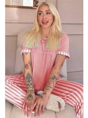 Pijama Evi Pudra Positive Desenli Bambu Kısa Kol Kadın Pijama Takımı