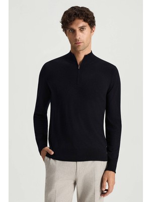 Hemington Saf Kaşmir Polo Yaka Fermuarlı Siyah Triko