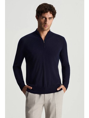 Hemington Saf Kaşmir Polo Yaka Fermuarlı Lacivert Triko