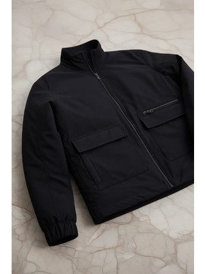Jakamen Siyah Comfort Fit Dik Yaka Mevsimlik Mont Polyester Uzun Kol Erkek Günlük Kullanım İçin