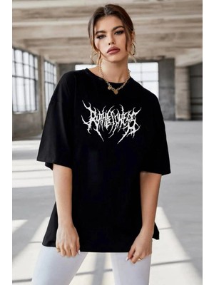 Velmora Fashion Bisiklet Yaka Baskılı Oversize T-Shirt - Siyah -