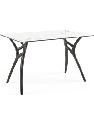 Tilia Ivy-L Polipropilen Masa Siyah Ayak, Beyaz Mermer Desen Kompakt Tabla 77X120 cm - Dış Mekan, Bahçe, Balkon, Kafe, Restoran İçin