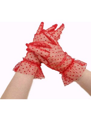 Twin Store Kısa Boy Güpürlü Kırmızı Puantiyeli Tül Eldiven Kırmızı Renk