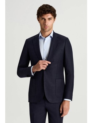 Hemington Merino Yün-Ipek-Keten Karışım Lacivert Blazer Ceket
