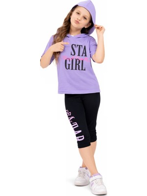 Sellfie Kız Çocuk Stay Girl Yazı Desenli Kapüşonlu Tişört Kaprili Mor Renk İkili Takım