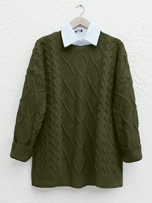 Modamorfo Petek Desen Kışlık Salaş Triko Kazak      -Haki