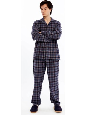 Made By Alisha Kareli Ekose Pamuklu Ceket Yaka Önden Düğmeli Erkek Pijama Takımı