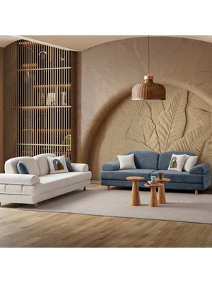 Eymense Aries Yataklı Sandıklı Koltuk Takımı 3+3 Beyaz Mavi