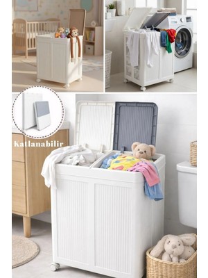 Piev Tekerlekli Katlanabilir Çift Hazneli Çamaşır Odası Düzenleyici Kirli Sepeti 100 Lt