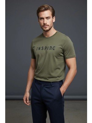 Piyera Erkek Inspire Baskılı Süprem Kumaş Basic Tişört Slim Fit Pamuklu Erkek T-Shirt Koyu HAKI-181