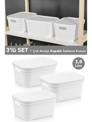 Meleni Home 3 Adet Kapaklı Dekoratif Piramit Saklama Kutusu - Dolap Düzenleyici Organizer 3,8 Litre Beyaz