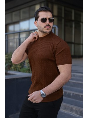 Comstar Erkek Premium Çizgili Yazlık Kahve Dar Triko Tişört