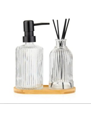 Yvz Store Cam Sabunluk & Difüzör Seti – 2’li Zarif Cam Şişe, Bambu Taban, Modern Banyo & Ev Dekorasyonu