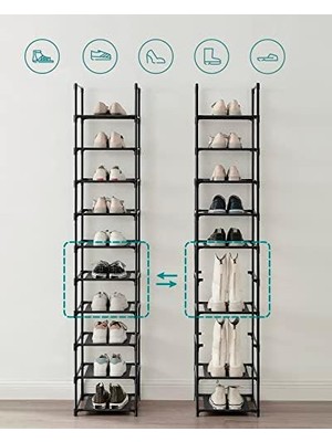 Esplendor Store 10 Katlı Ayakkabı Rafı, Ayakkabı Standı, Yerden Tasarruf Sağlayan Ayakkabı Saklama, 33 x 33 x 173 Cm, Metal Çerçeve, Dokuma Olmayan Kumaş Raflar, Koridor, Yatak Odası, Siyah LSR110B02