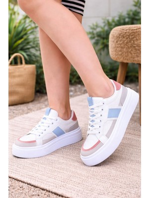 Emax Kadın Beyaz Kalın Taban Sneaker Günlük Spor Ayakkabı Bağcıklı Pastel Detaylı Ortopedik Rahat Taban