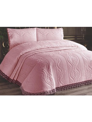 Çeyiz Diyarı Limena Dantelli Kapitoneli Yatak Örtüsü 180 x 250 cm Pamuk Desenli Pudra Renkli