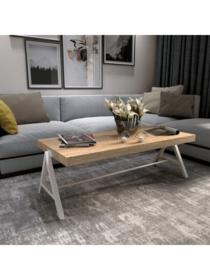 Mavienerji Modern Tasarımlı Beyaz Dekoratif Ahşap Orta Sehpa Metal Malzeme 105x53x48 cm