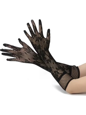 SHC4200 Siyah Uzun Gül Desenli Dantel Kadın Eldiveni