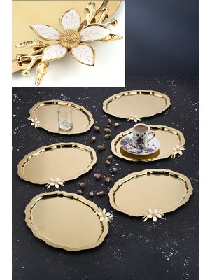 Ahir Ticaret 6 Adet Papatya Aksesuarlı Oval Gold 20X25 cm Paslanmaz Çelik Kahve-Sunum Tepsisi