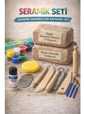 DSH Seramik Başlangıç Seti 12, 8'li Ebeşuar Lı Set, 2 Adet 1 kg Beyaz Seramik Hamuru, Guaj Boya, Merdane