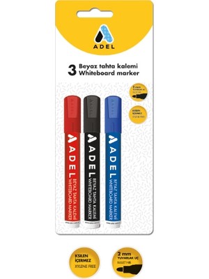 Adel 3'lü Beyaz Tahta Kalemi Seti Mavi Siyah Kırmızı Renklerde Ksilen İçermez