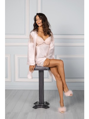 Pierre Cardin 6955 Kadın Saten Altılı Çeyiz Seti Kemik Renkli Şık Gecelik ve Pijama Takımı