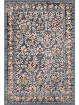 Cool Halı Daisy Kömür Mavi Bohem Halı Yıkanan Çiçek Desenli Dokuma Şönil Halı Otantik Vintage Halı