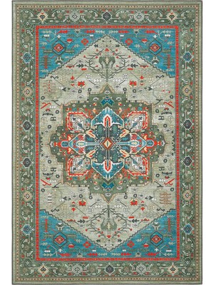 Cool Halı Beylerbeyi By 832 Yeşil Halı Etnik Desenli Otantik Ev Salon Halısı Yıkanabilir Şönil Halı