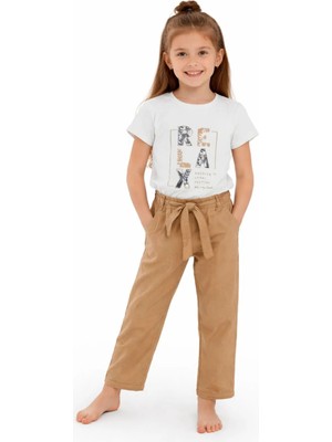 İrem Çocuk Giyim Kız Çocuk Relax Yazı Desenli Tişört Aerobin Pantolonlu Kahverengi Renk İkili Takım