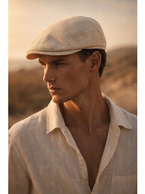 Erkek Keten Premium Krem Şapka Yazlık Flat Cap Kasket