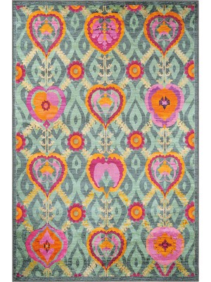 Cool Halı Beylerbeyi By 844 Yeşil Halı Çiçek Desenli Otantik Ev Salon Halısı Yıkanabilir Şönil Halı