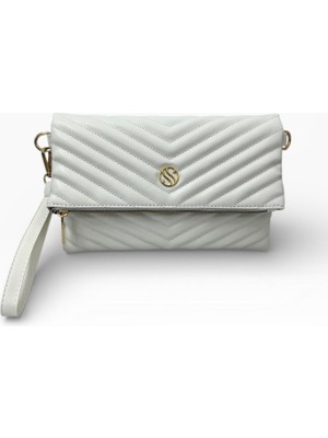 Sanmorris Kadın Suni Deri Kapitone Desenli Çapraz Askılı Mıknatıslı ve Fermuarlı Beyaz Portföy Çanta