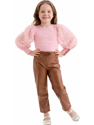 İrem Çocuk Giyim Kız Çocuk Tül Kollu Suni Deri Pantolonlu Ribana Badili Kahverengi Renk İkili Takım