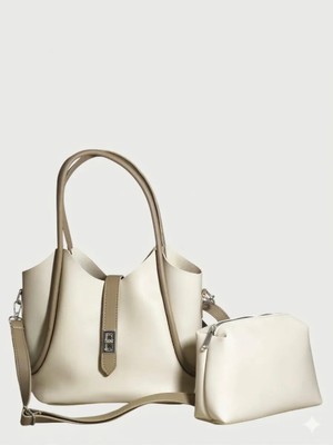 Kadın Krem Vizon Çift Renkli Makyaj Çantalı Kilit Kapama Detaylı Çapraz Askılı El ve Omuz Çantası
