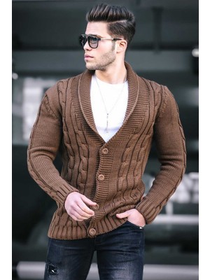 Madmext Kahverengi Örgülü Hırka L Beden Slim Fit Örme Kumaş Günlük Stil