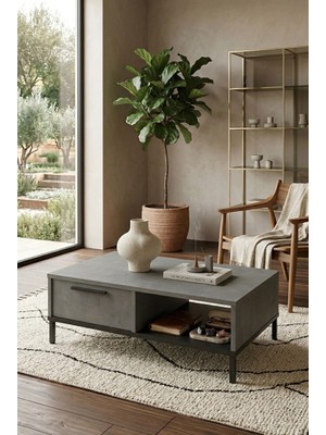 Robin Home Diego Orta Sehpa Metal Ayaklı Çekmeceli (Beton-Siyah)