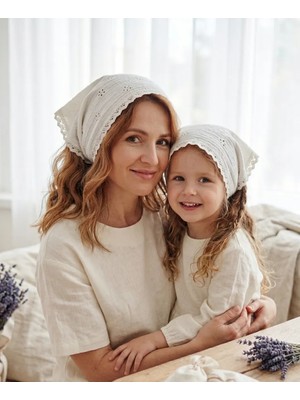 Mufin Collection Anne Kız Kombin Üçgen Muslin Bandana | Dantelli – Pamuklu Kumaş